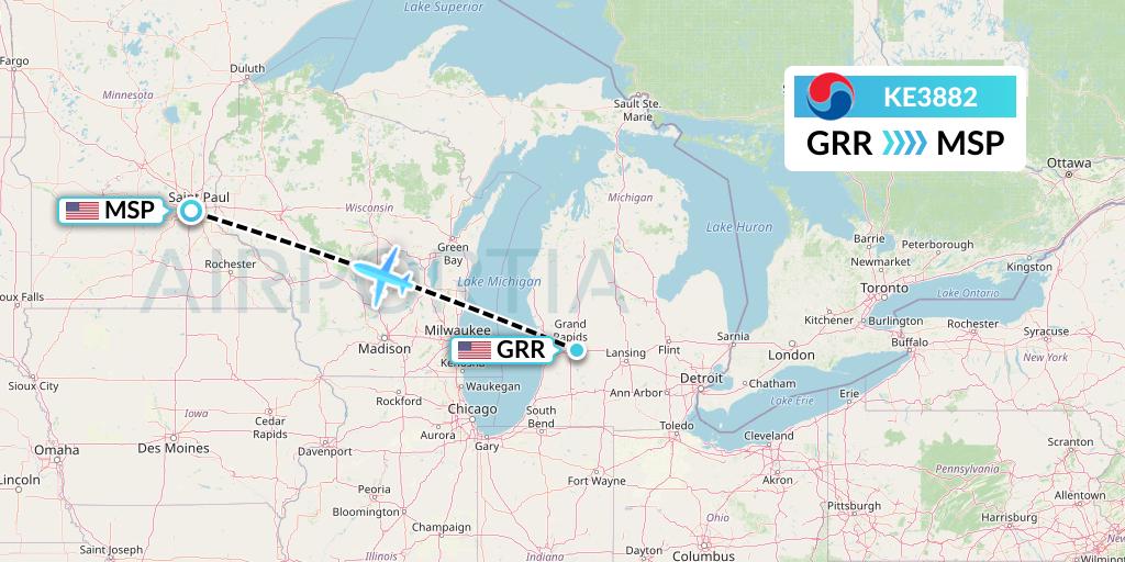 KE3882 Korean Air Flight Map: Grand Rapids to Minneapolis