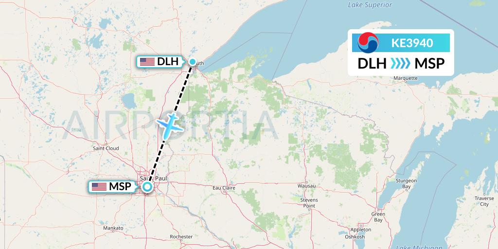 KE3940 Korean Air Flight Map: Duluth to Minneapolis