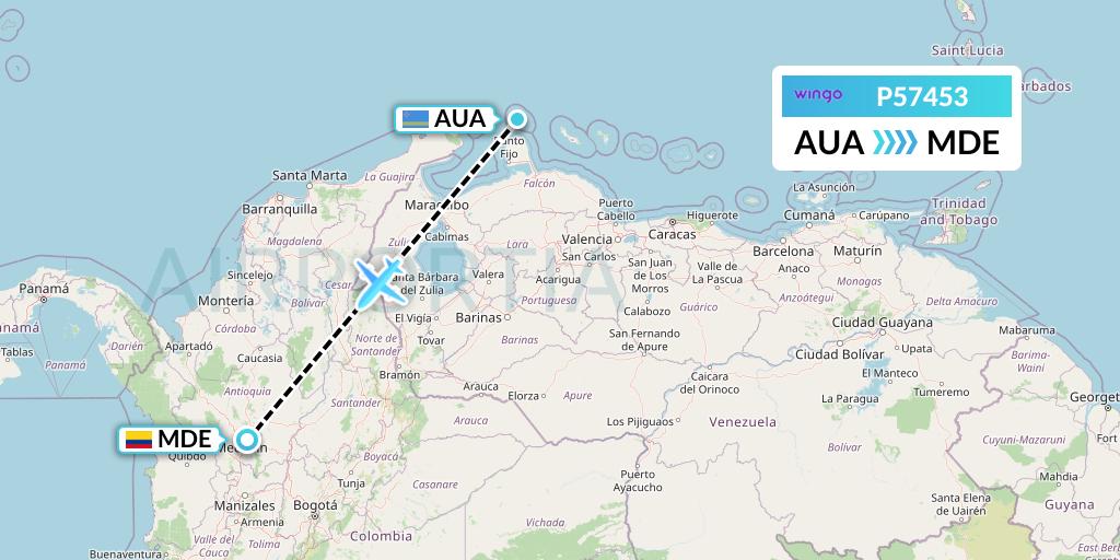 P57453 Copa Airlines Colombia Flight Map: Oranjestad to Medellin