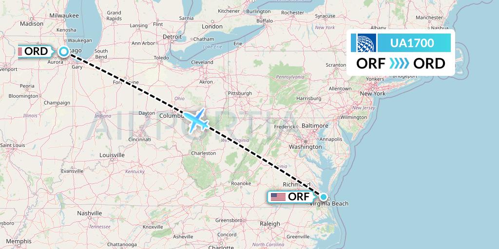 UA1700 United Airlines Flight Map: Norfolk to Chicago