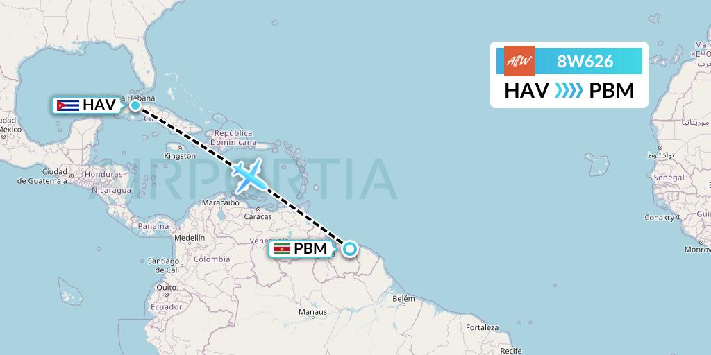 8W626 Fly AllWays Flight Map: Havana to Paramaribo