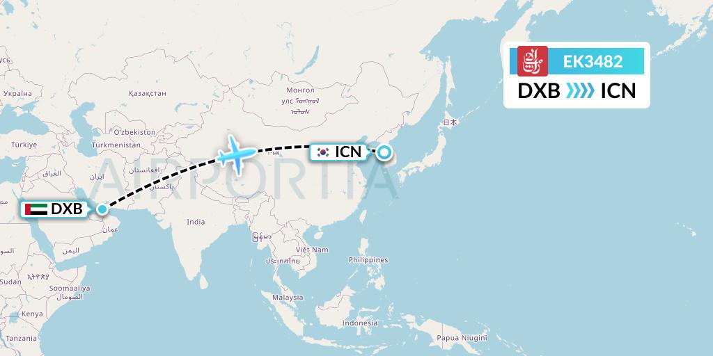 EK3482 Emirates Flight Map: Dubai to Seoul