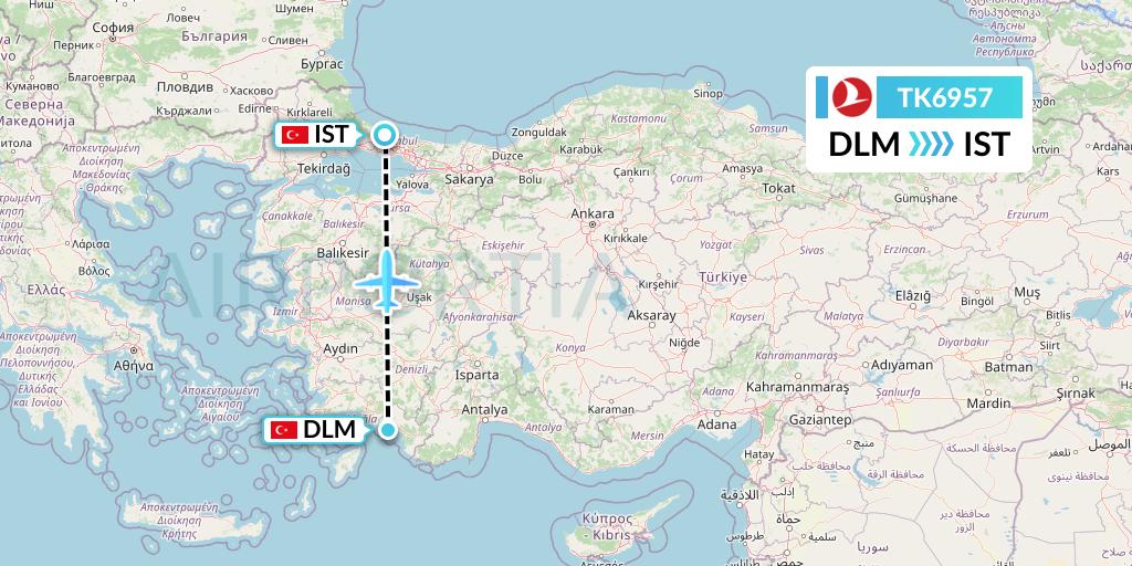 TK6957 Turkish Airlines Flight Map: Dalaman to Istanbul