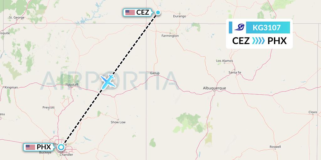 KG3107 Key Lime Air Flight Map: Cortez to Phoenix