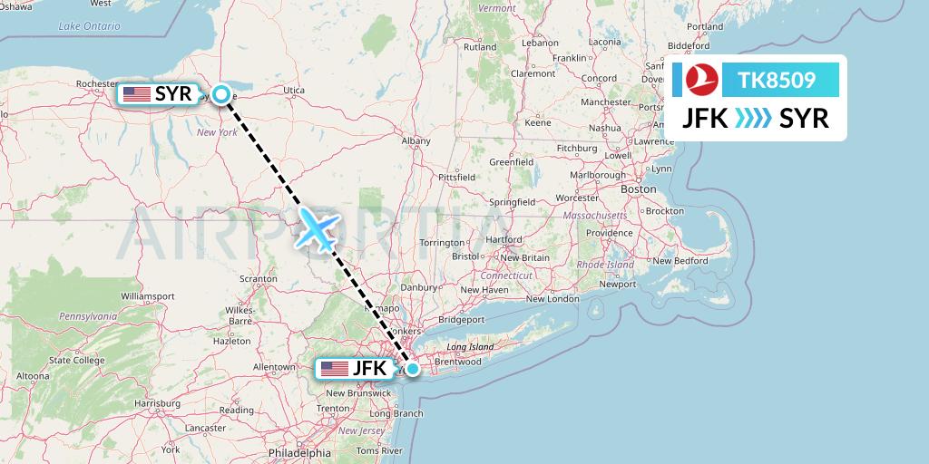 TK8509 Turkish Airlines Flight Map: New York to Syracuse