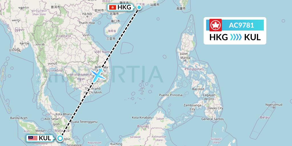 AC9781 Air Canada Flight Map: Hong Kong to Kuala Lumpur
