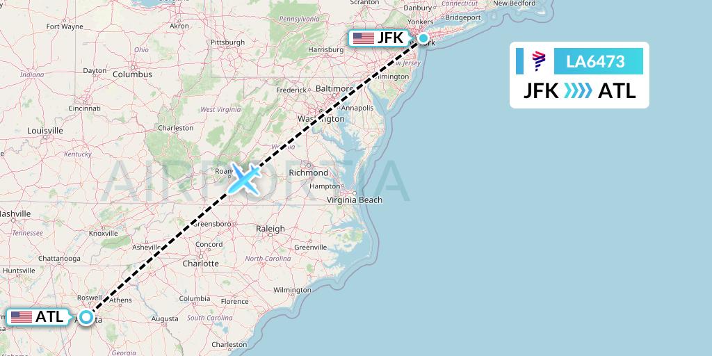 LA6473 LAN Airlines Flight Map: New York to Atlanta