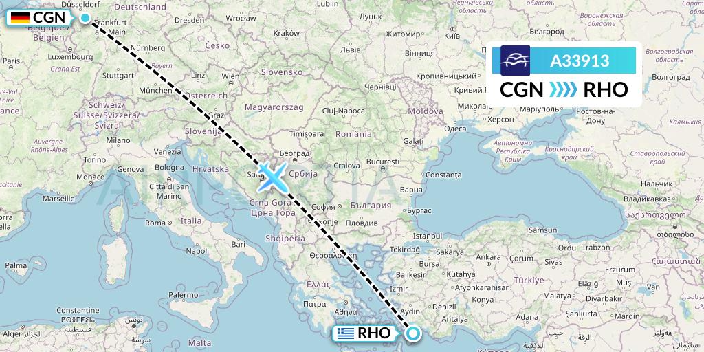 A33913 Aegean Airlines Flight Map: Cologne to Rhodes