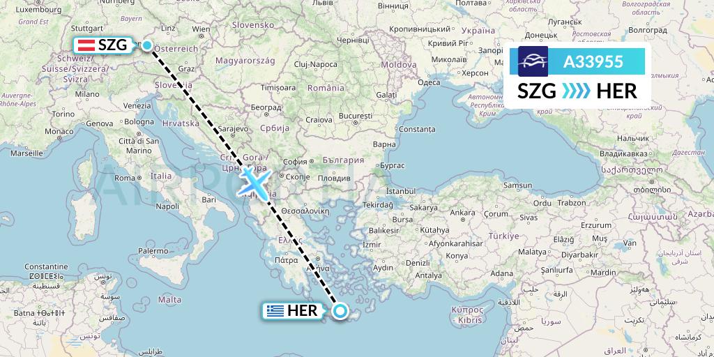A33955 Aegean Airlines Flight Map: Salzburg to Heraklion