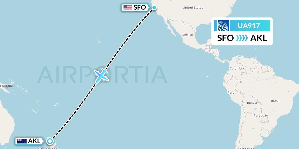 UA917 United Airlines Flight Map: San Francisco to Auckland