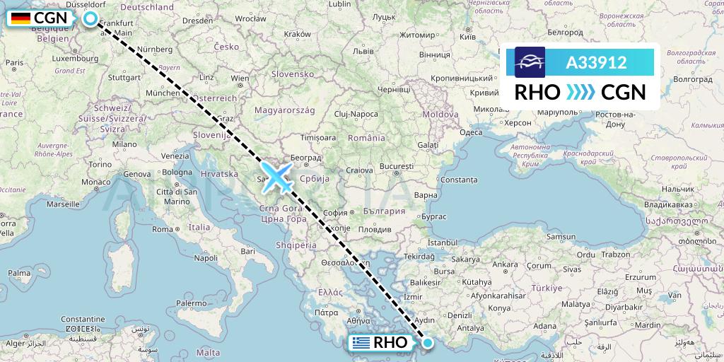 A33912 Aegean Airlines Flight Map: Rhodes to Cologne