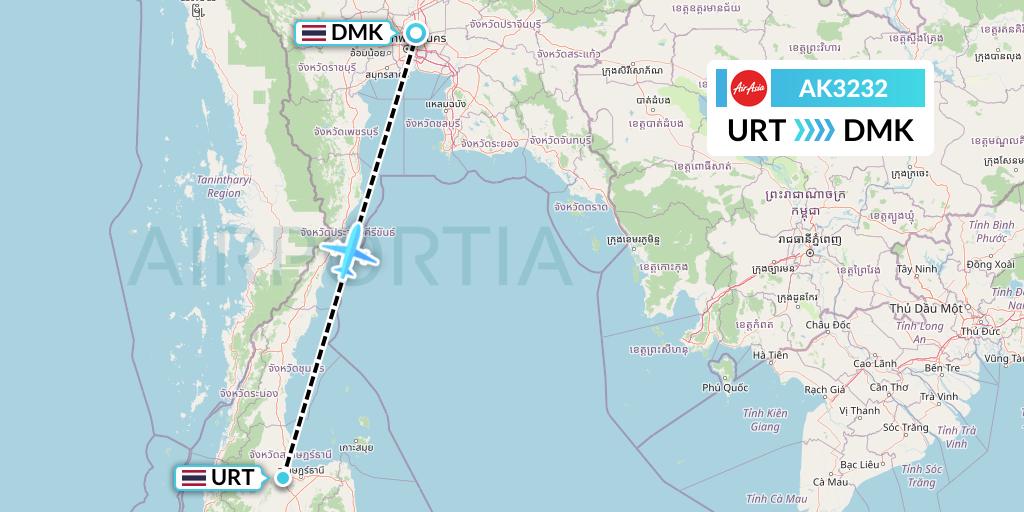 AK3232 AirAsia Flight Map: Surat Thani to Bangkok