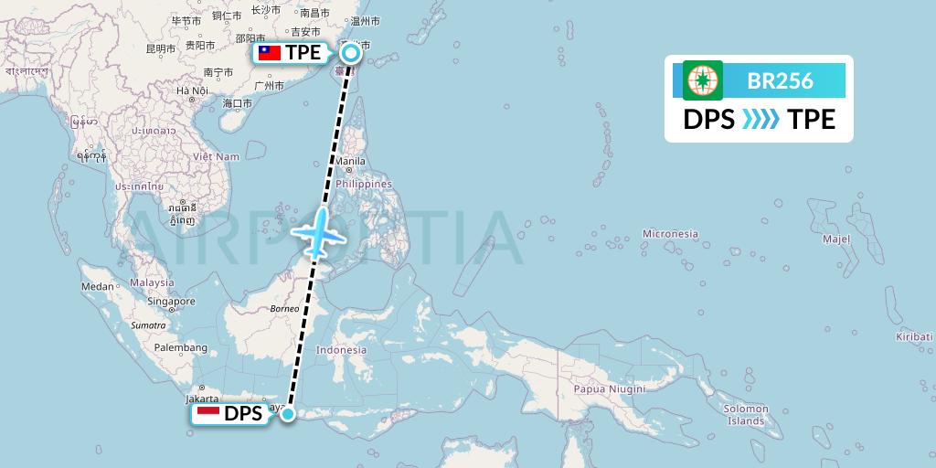BR256 EVA Air Flight Map: Denpasar to Taipei