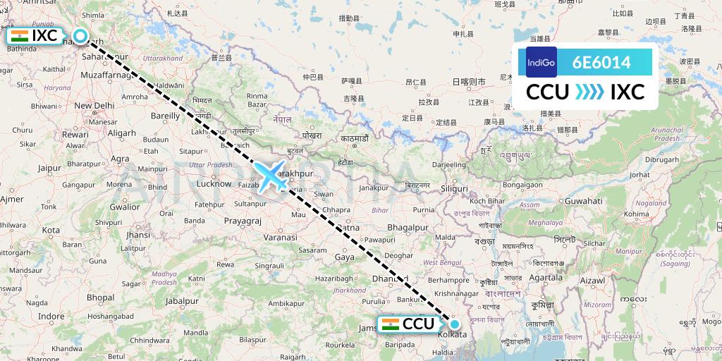6E6014 IndiGo Airlines Flight Map: Kolkata to Chandigarh