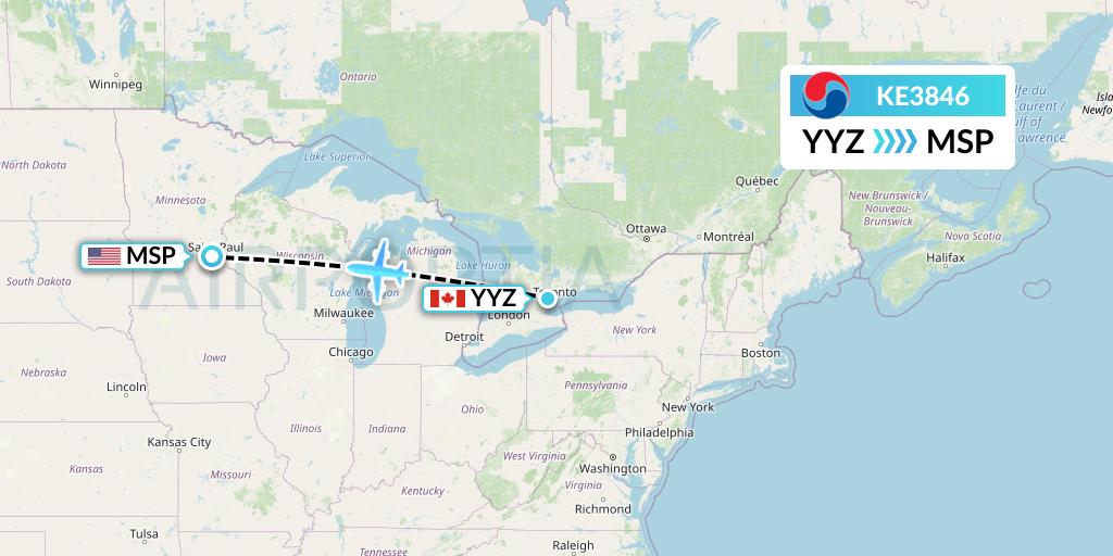 KE3846 Korean Air Flight Map: Toronto to Minneapolis