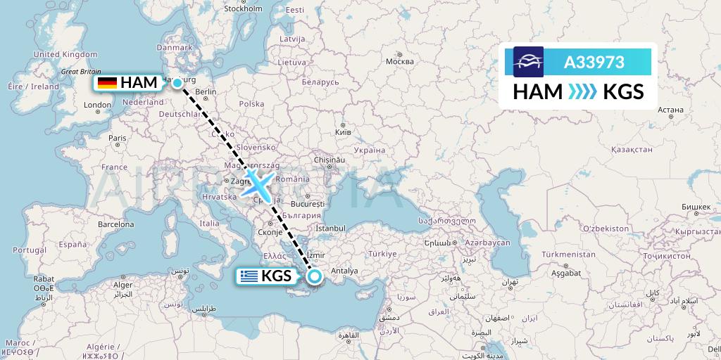 A33973 Aegean Airlines Flight Map: Hamburg to Kos