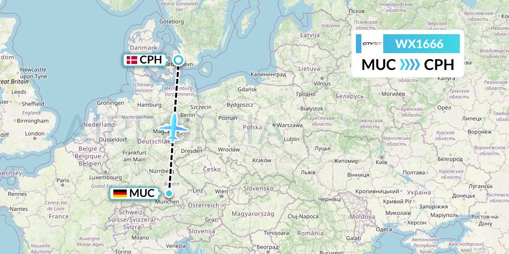 WX1666 Cityjet Flight Map: Munich to Copenhagen
