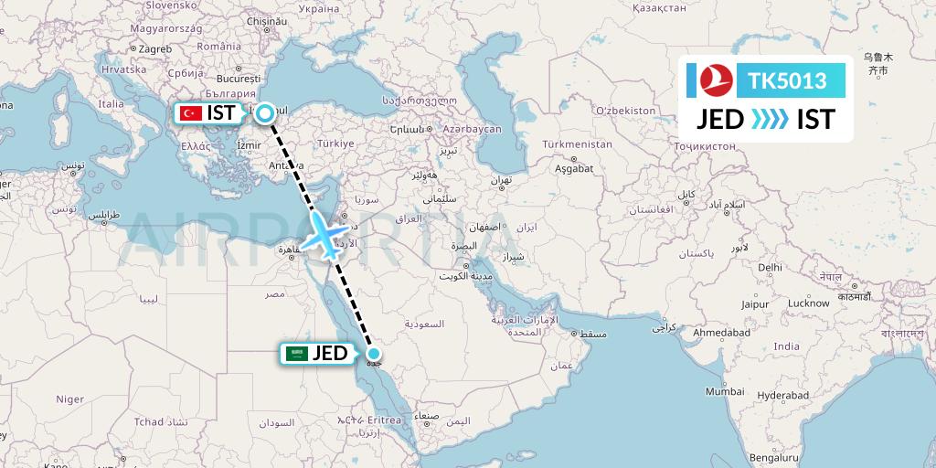 TK5013 Turkish Airlines Flight Map: Jeddah to Istanbul
