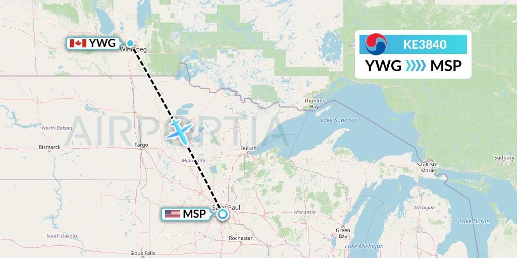 KE3840 Korean Air Flight Map: Winnipeg to Minneapolis