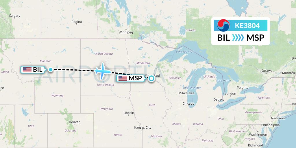 KE3804 Korean Air Flight Map: Billings to Minneapolis