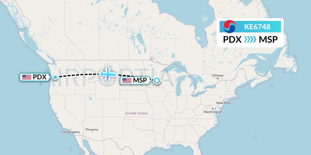 KE6748 Korean Air Flight Map: Portland to Minneapolis