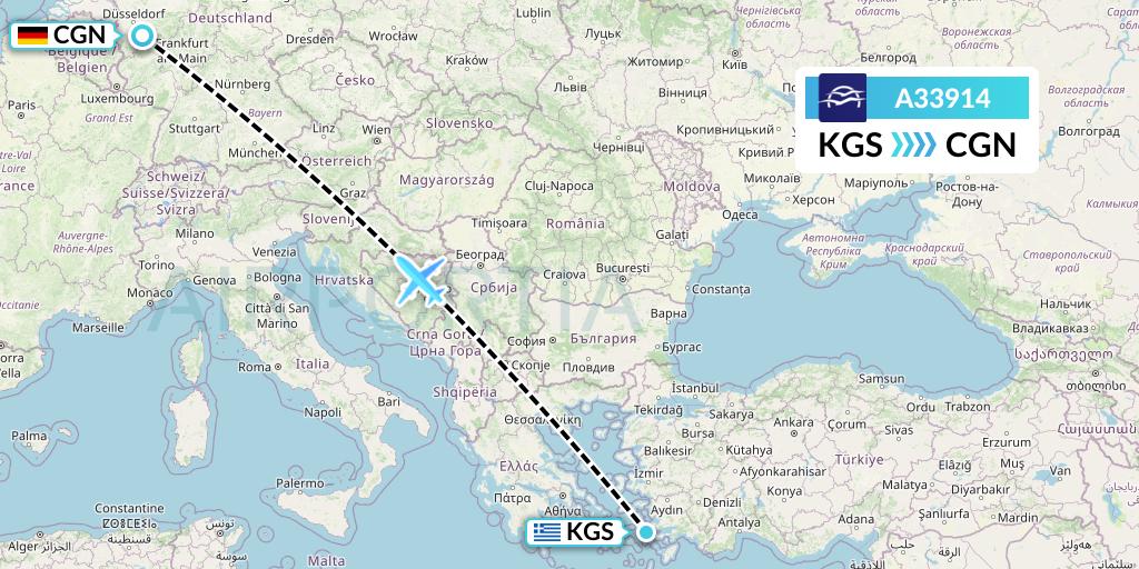 A33914 Aegean Airlines Flight Map: Kos to Cologne