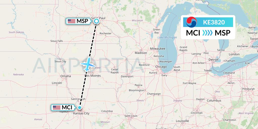 KE3820 Korean Air Flight Map: Kansas City to Minneapolis
