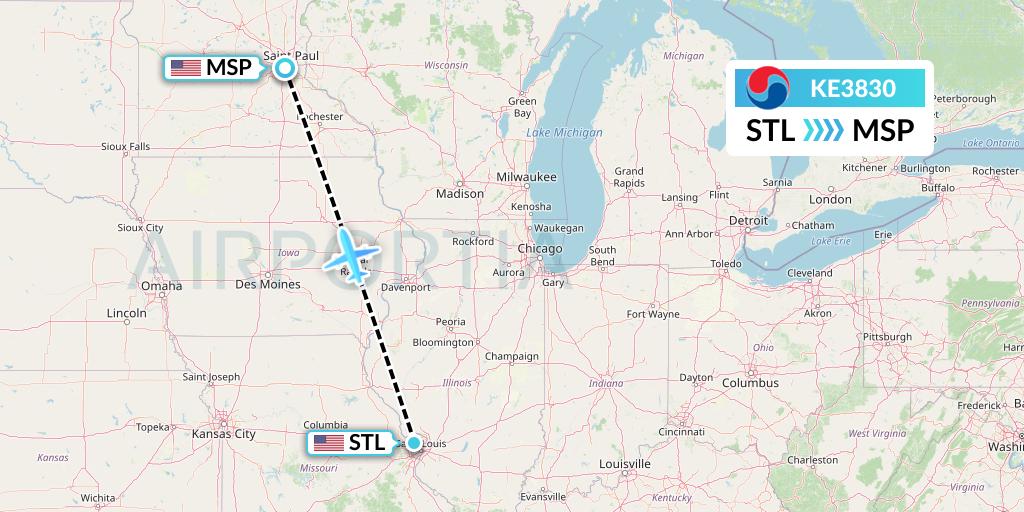 KE3830 Korean Air Flight Map: St. Louis to Minneapolis