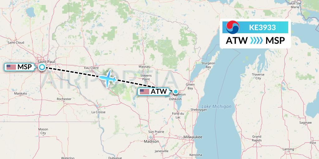 KE3933 Korean Air Flight Map: Appleton to Minneapolis