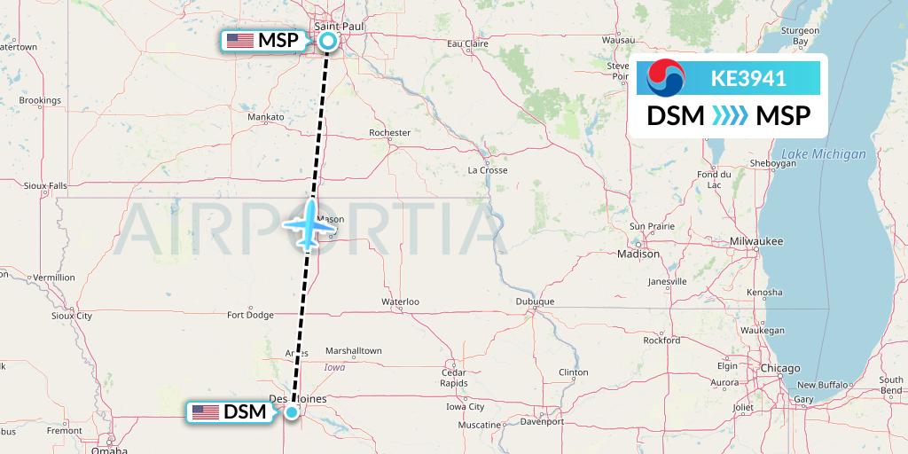 KE3941 Korean Air Flight Map: Des Moines to Minneapolis