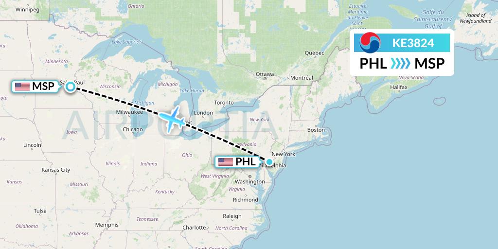 KE3824 Korean Air Flight Map: Philadelphia to Minneapolis