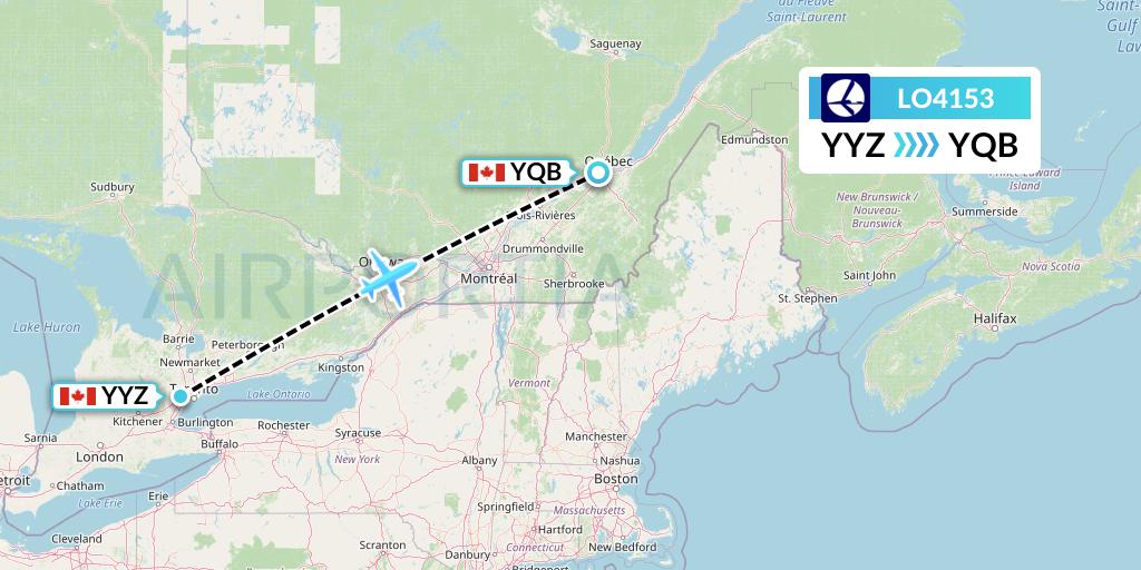 LO4153 LOT Flight Map: Toronto to Quebec