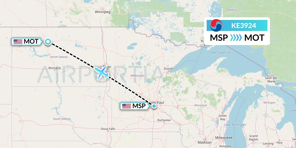 KE3924 Korean Air Flight Map: Minneapolis to Minot