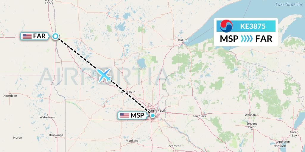 KE3875 Korean Air Flight Map: Minneapolis to Fargo