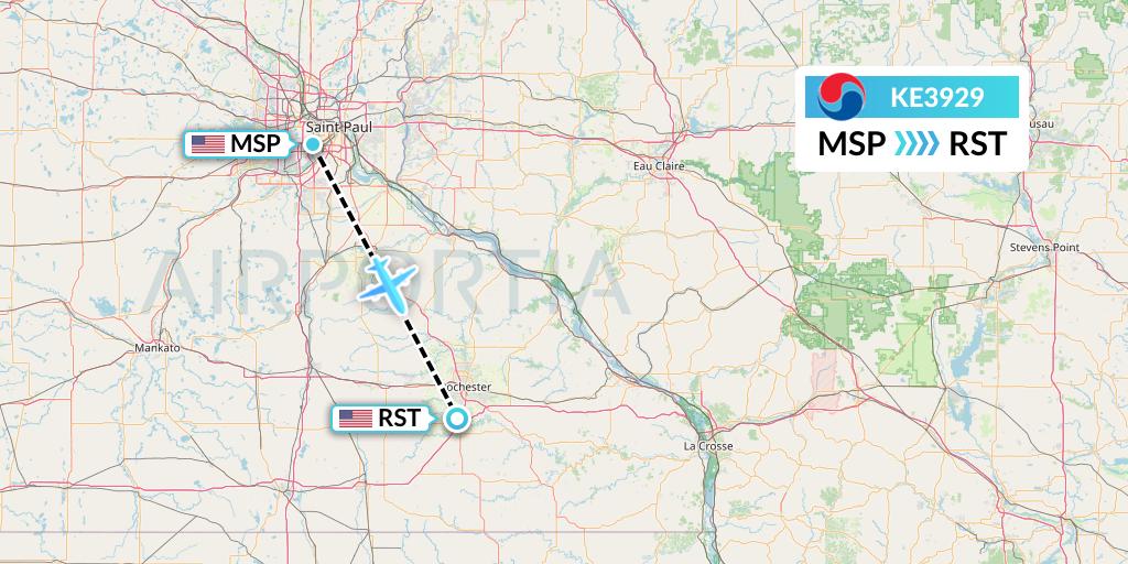 KE3929 Korean Air Flight Map: Minneapolis to Rochester