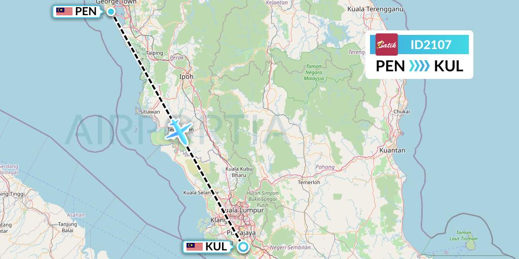 ID2107 Batik Air Flight Map: Penang to Kuala Lumpur