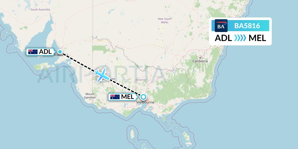 BA5816 British Airways Flight Map: Adelaide to Melbourne