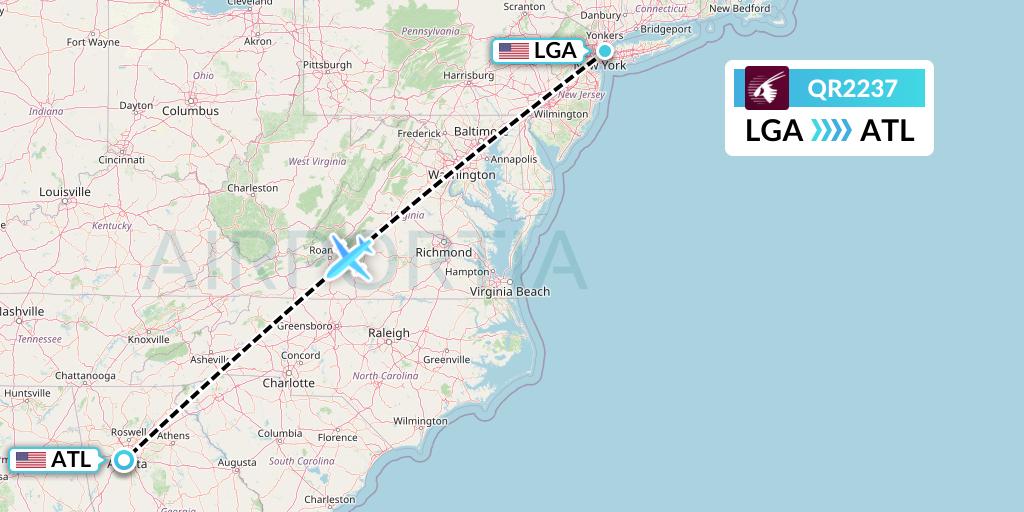 QR2237 Qatar Airways Flight Map: New York to Atlanta