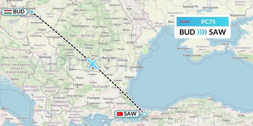 PC75 Pegasus Airlines Flight Map: Budapest to Istanbul