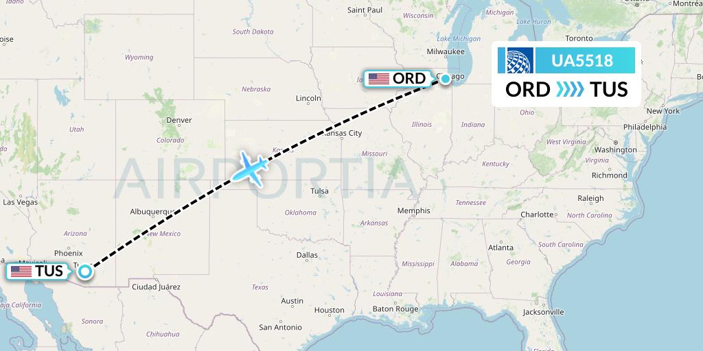 UA5518 United Airlines Flight Map: Chicago to Tucson