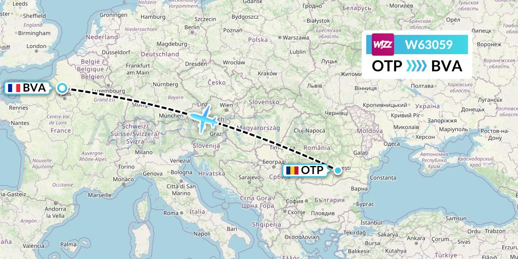 W63059 Wizz Air Flight Map: Bucharest to Paris