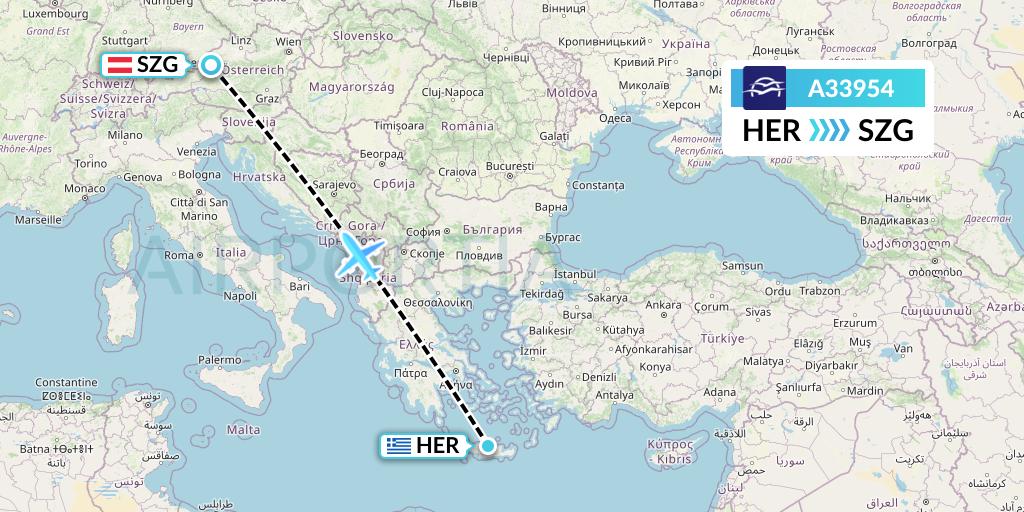 A33954 Aegean Airlines Flight Map: Heraklion to Salzburg