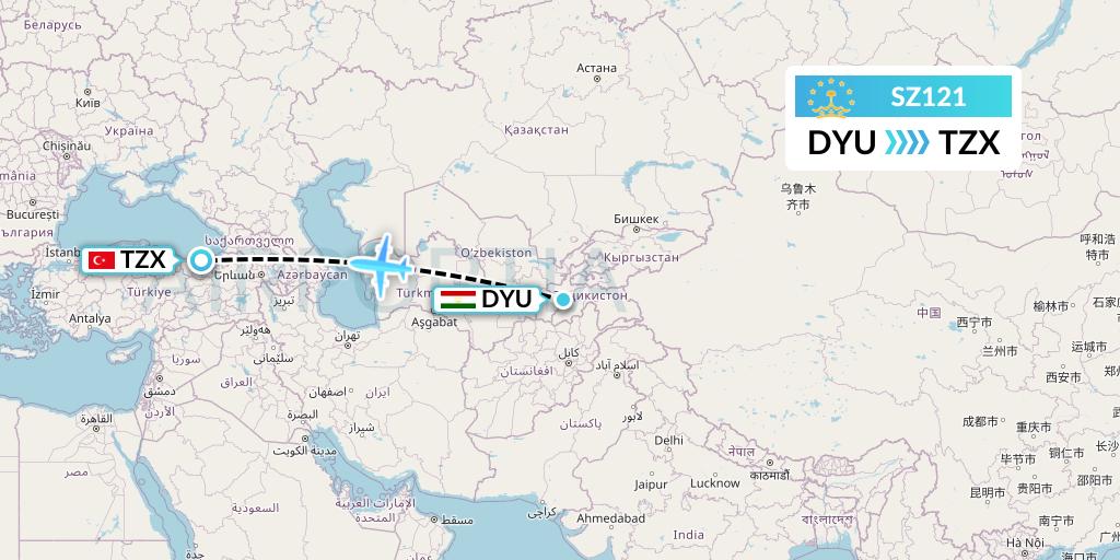 SZ121 Somon Air Flight Map: Dushanbe to Trabzon