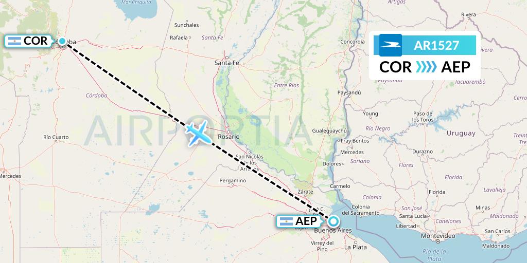 AR1527 Aerolineas Argentinas Flight Map: Cordoba to Buenos Aires