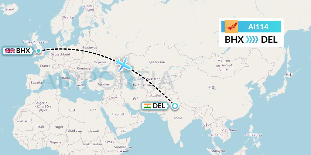 AI114 Air India Flight Map: Birmingham to Delhi