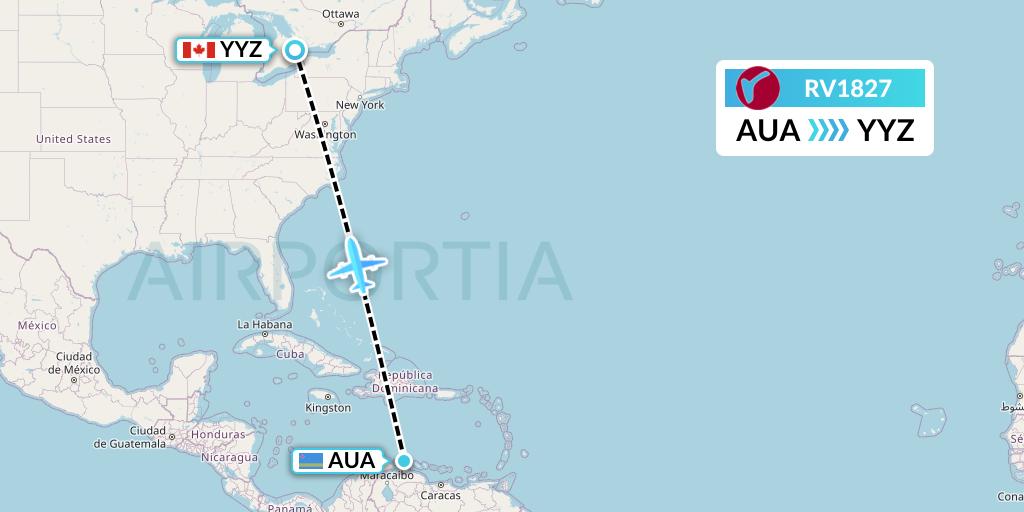 RV1827 Air Canada Rouge Flight Map: Oranjestad to Toronto