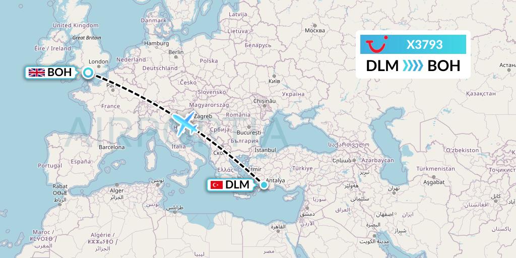 X3793 TUI fly Germany Flight Map: Dalaman to Bournemouth