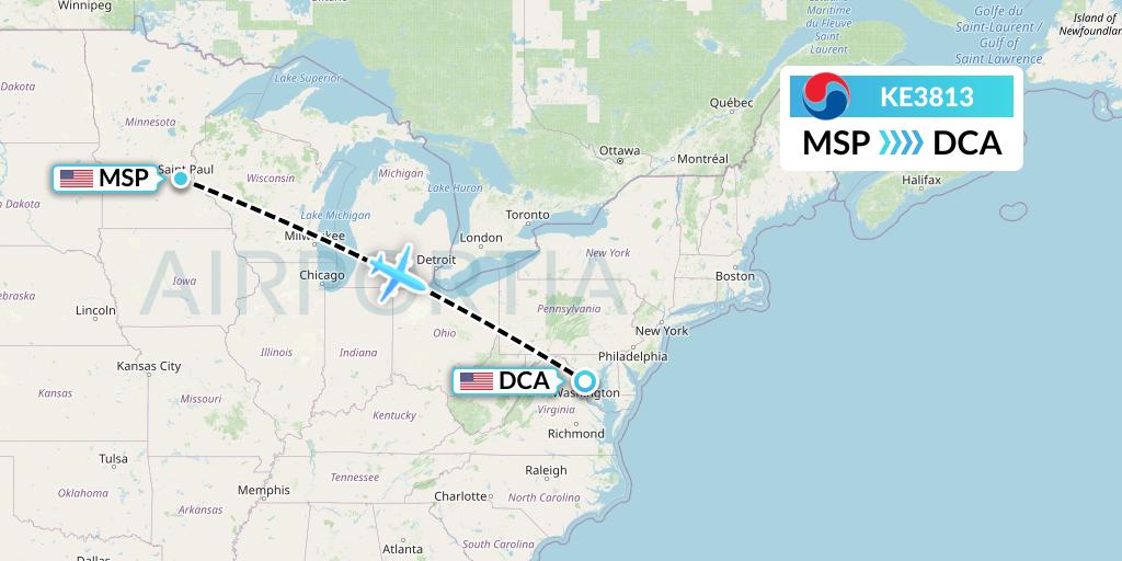 KE3813 Korean Air Flight Map: Minneapolis to Washington