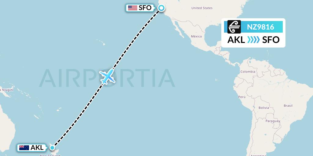 NZ9816 Air New Zealand Flight Map: Auckland to San Francisco