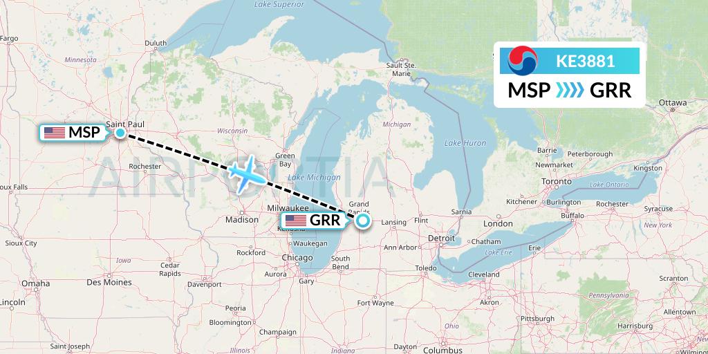 KE3881 Korean Air Flight Map: Minneapolis to Grand Rapids